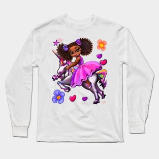 Curly hair Princess on a unicorn pony 5 - black girl with curly afro hair on a horse. Black princess Long Sleeve T-Shirt